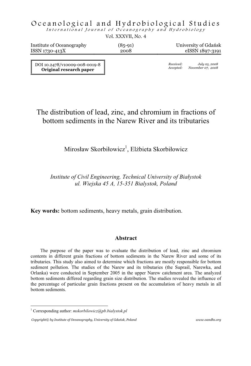 The Distribution of Lead, Zinc, and Chromium in Fractions of Bottom Sediments in the Narew River and Its Tributaries