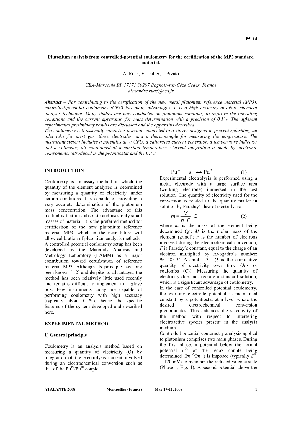 Plutonium Analysis from Controlled-Potential Coulometry for the Certification of the MP3 Standard Material