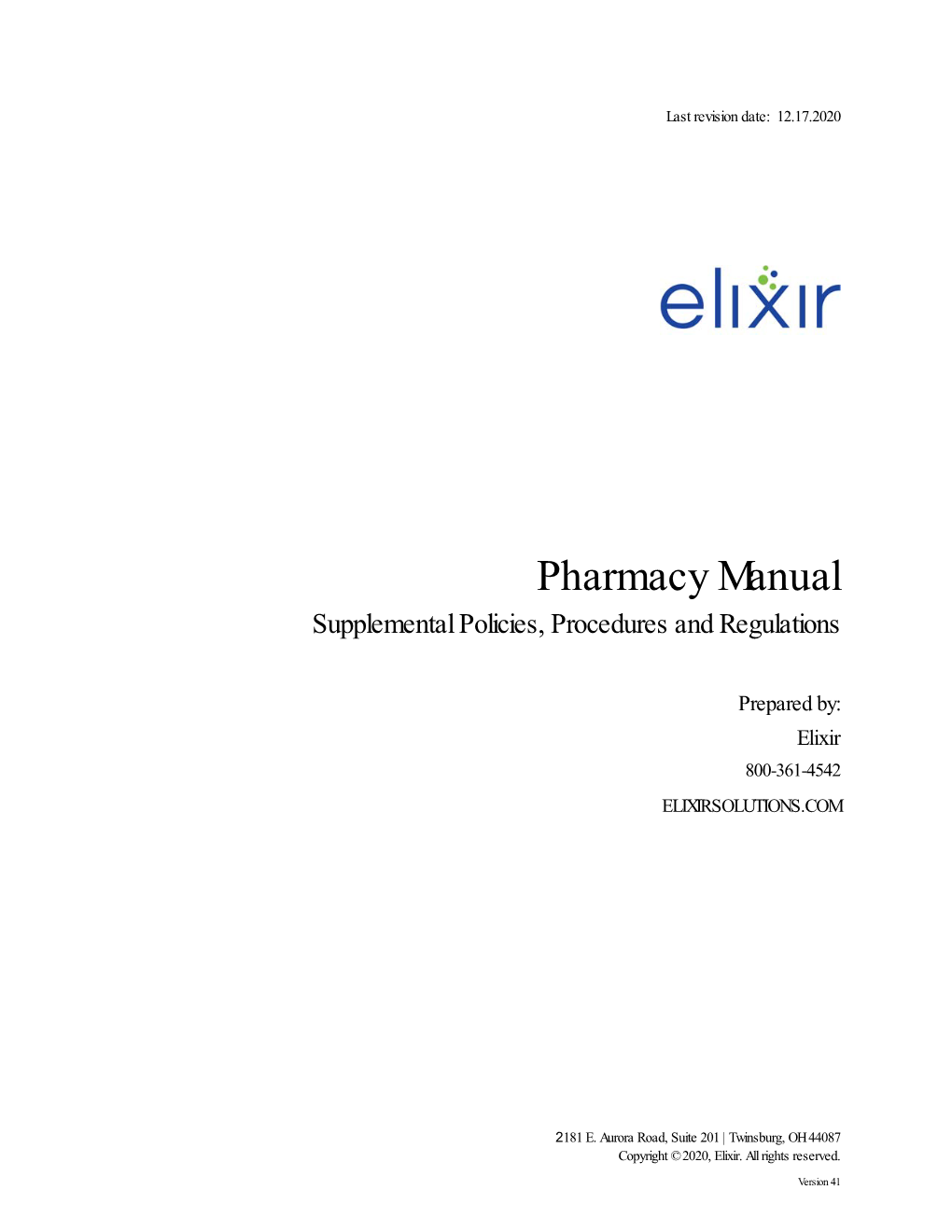 Pharmacy Manual Supplemental Policies, Procedures and Regulations