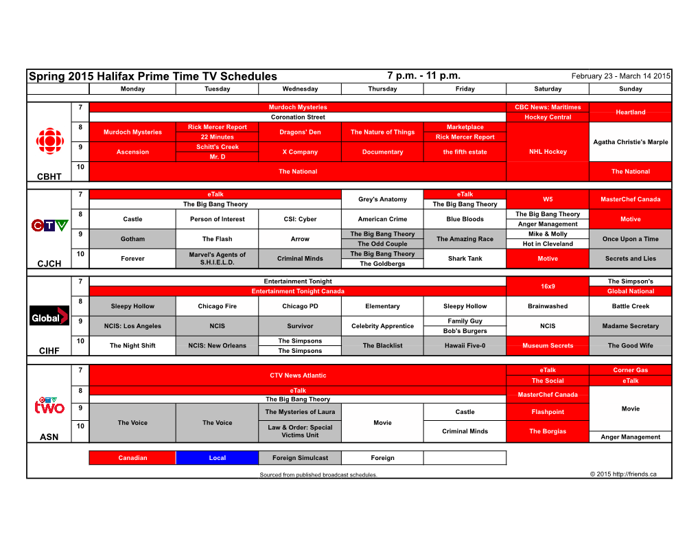 Spring 2015 Halifax Prime Time TV Schedules 7 P.M