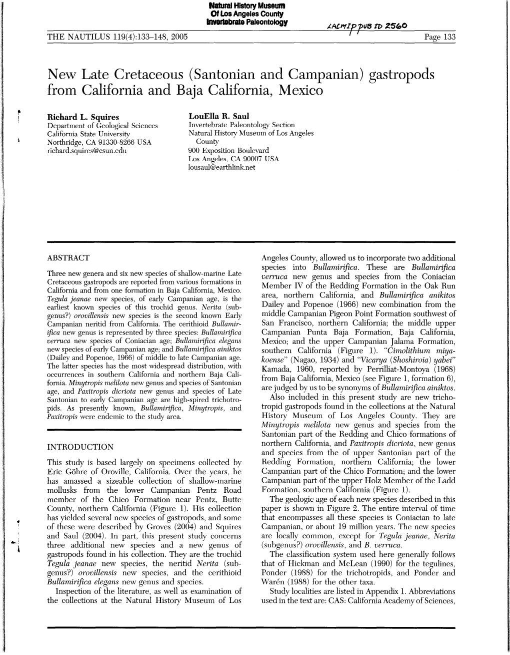 New Late Cretaceous (Santonian and Campanian) Gastropods from California and Baja California, Mexico