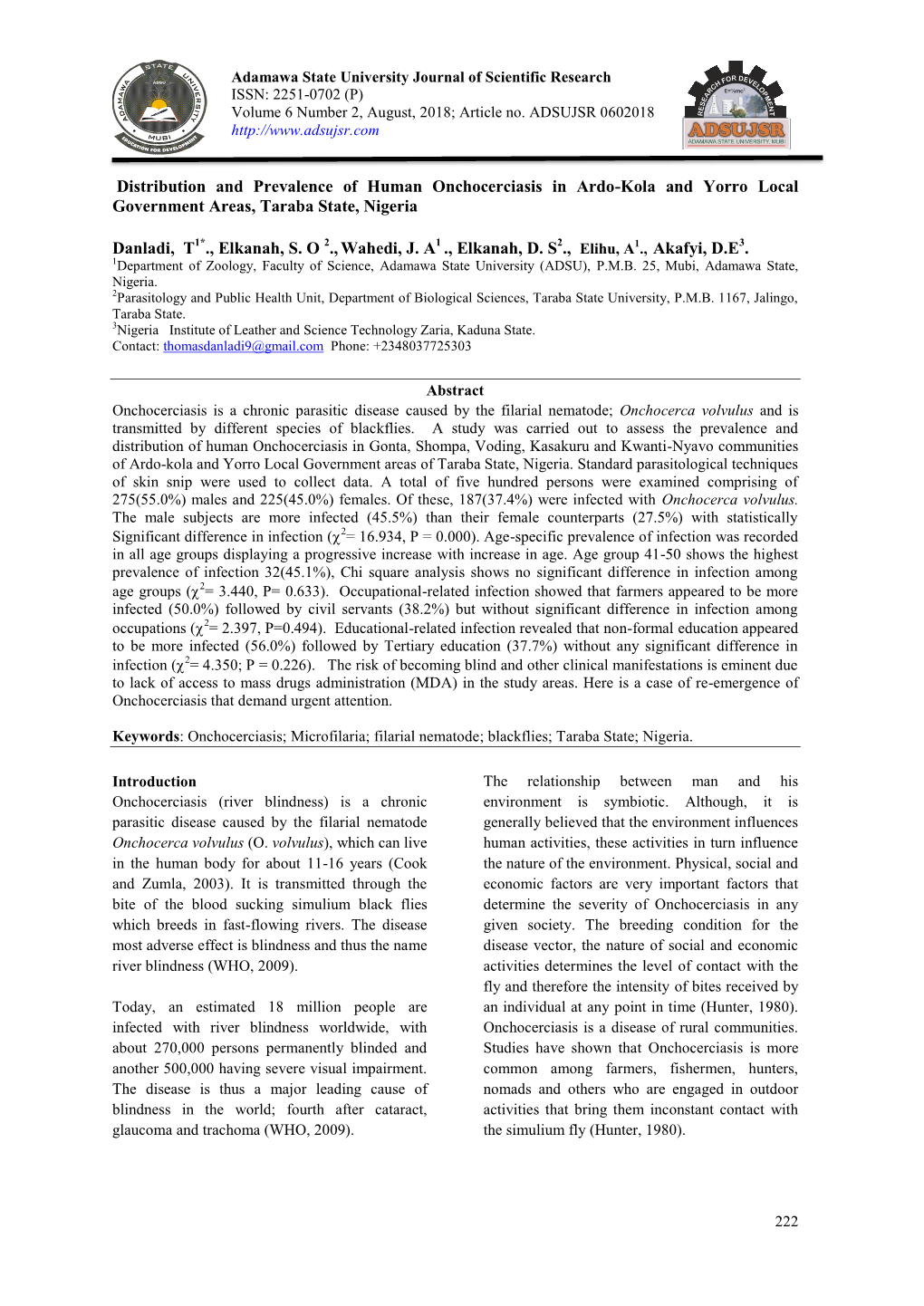 Distribution and Prevalence of Human Onchocerciasis in Ardo-Kola and Yorro Local Government Areas, Taraba State, Nigeria