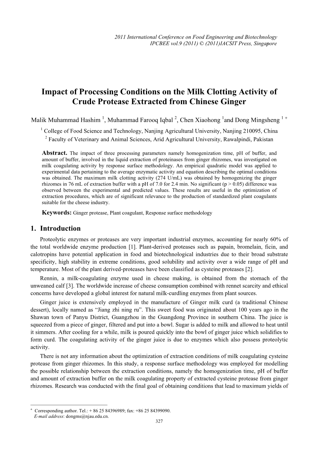 Impact of Processing Conditions on the Milk Clotting Activity of Crude Protease Extracted from Chinese Ginger