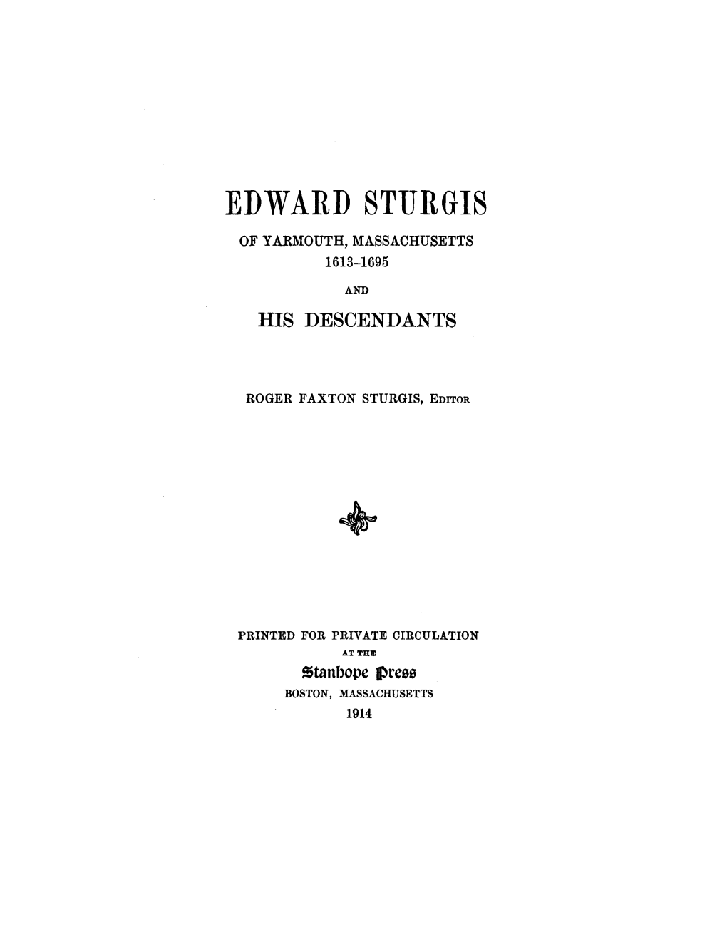 Edward Sturgis of Yarmouth, Massachusetts 1613-1695