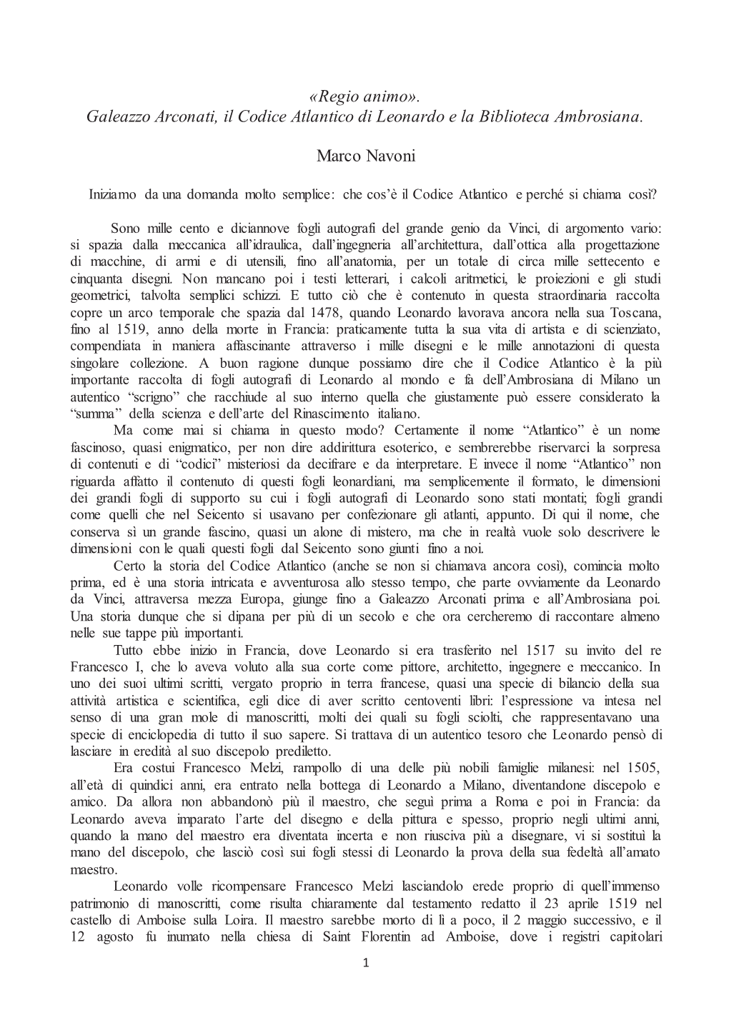 Galeazzo Arconati, Il Codice Atlantico Di Leonardo E La Biblioteca Ambrosiana