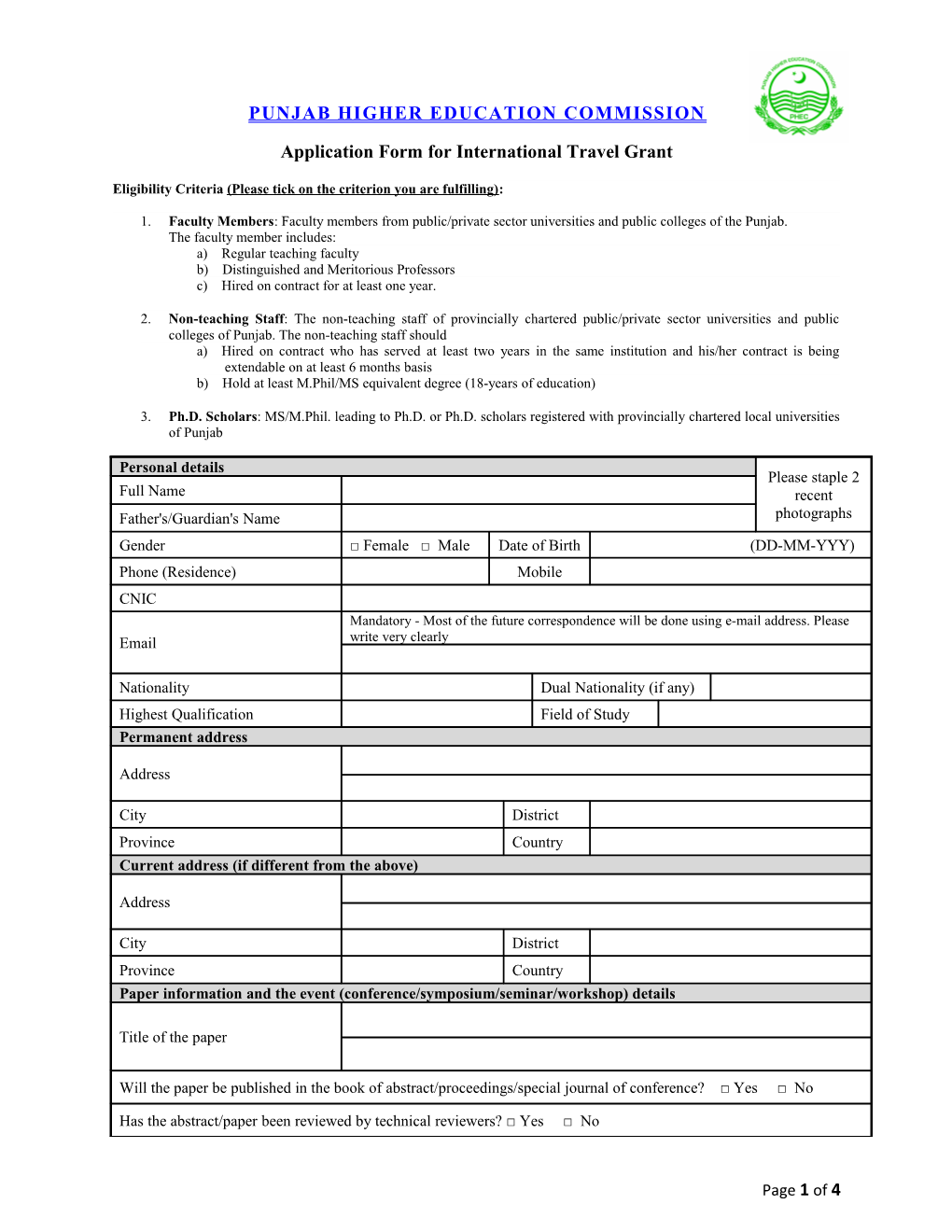 Application Form for International Travel Grant