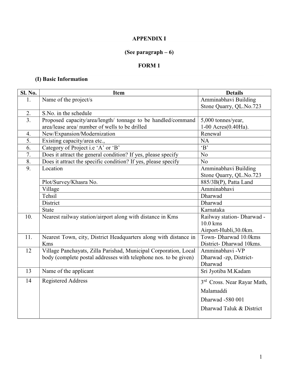 1 APPENDIX I (See Paragraph – 6) FORM 1 (I) Basic Information Sl. No. Item Details 1. Name of the Project/S Amminabhavi Build