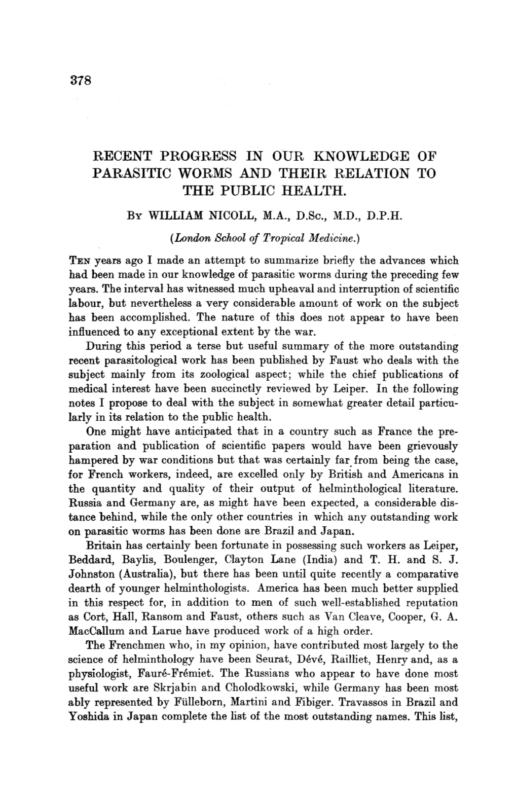 Recent Progress in Our Knowledge of Parasitic Worms and Their Relation to the Public Health