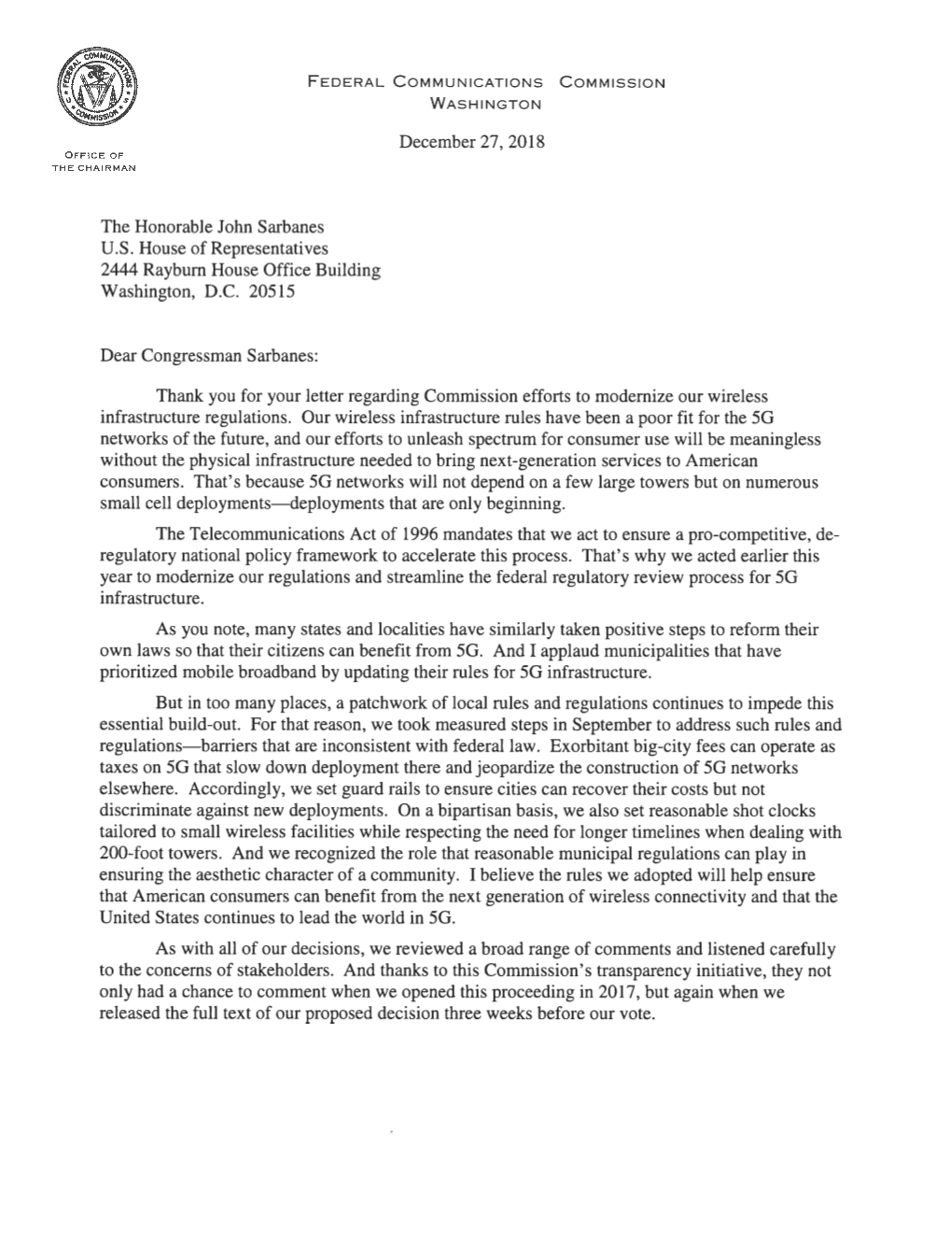 December 27, 2018 the Honorable John Sarbanes U.S. House Of