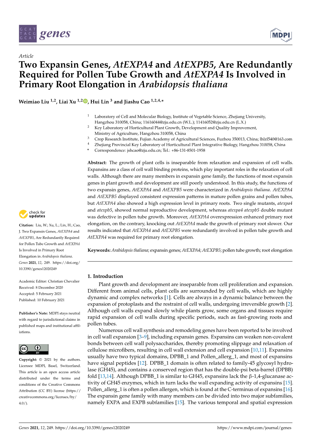 Two Expansin Genes, Atexpa4 and Atexpb5, Are Redundantly Required for Pollen Tube Growth and Atexpa4 Is Involved in Primary Root Elongation in Arabidopsis Thaliana