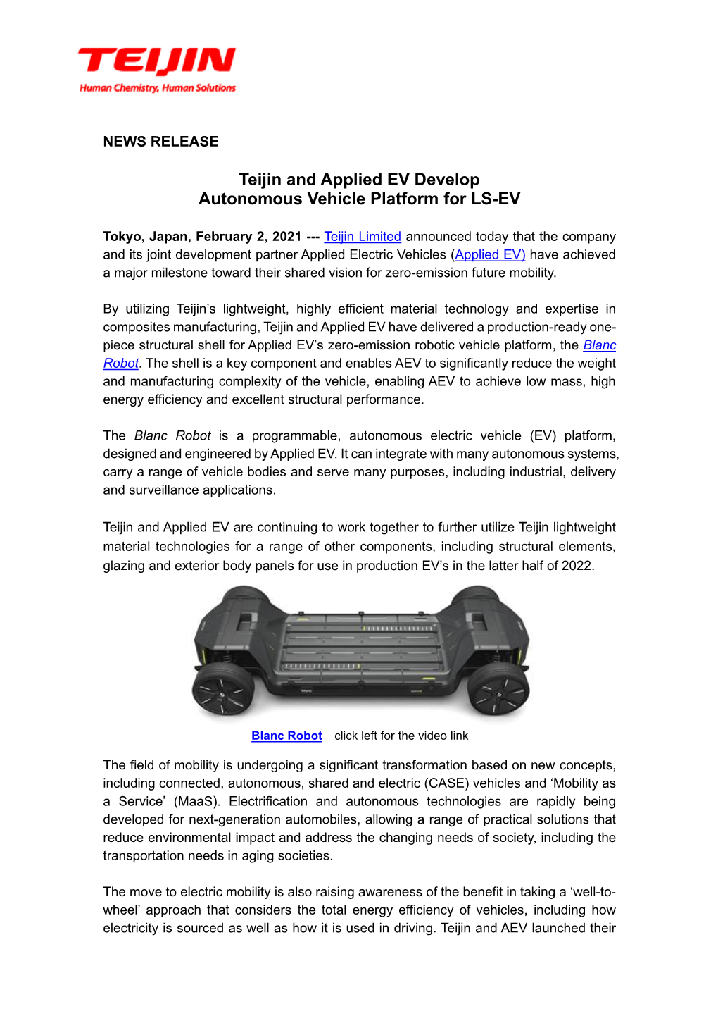 Teijin and Applied EV Develop Autonomous Vehicle Platform for LS-EV