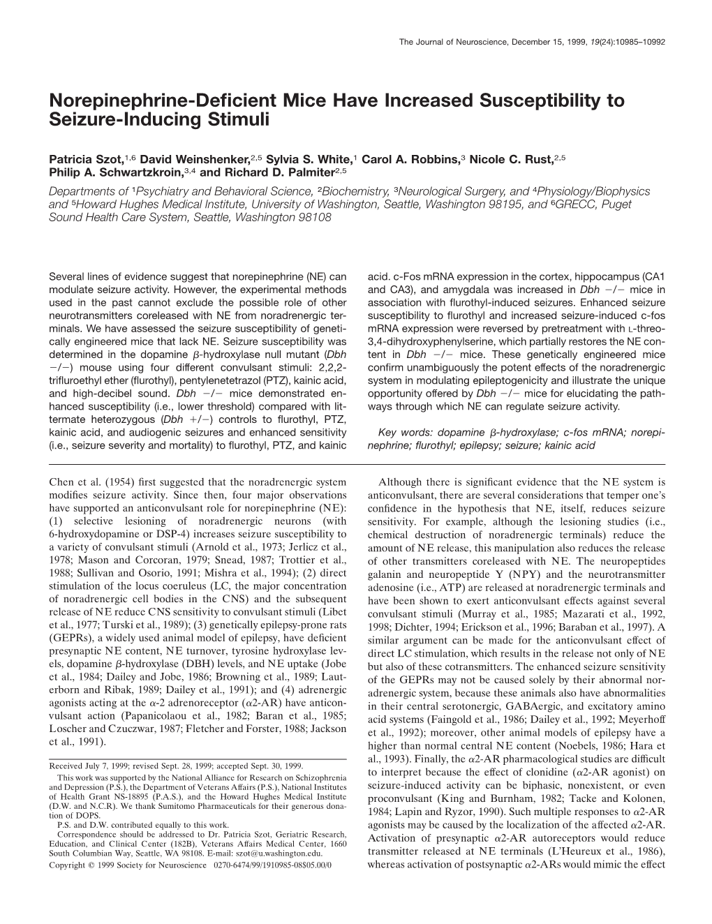 Norepinephrine-Deficient Mice Have Increased Susceptibility to Seizure