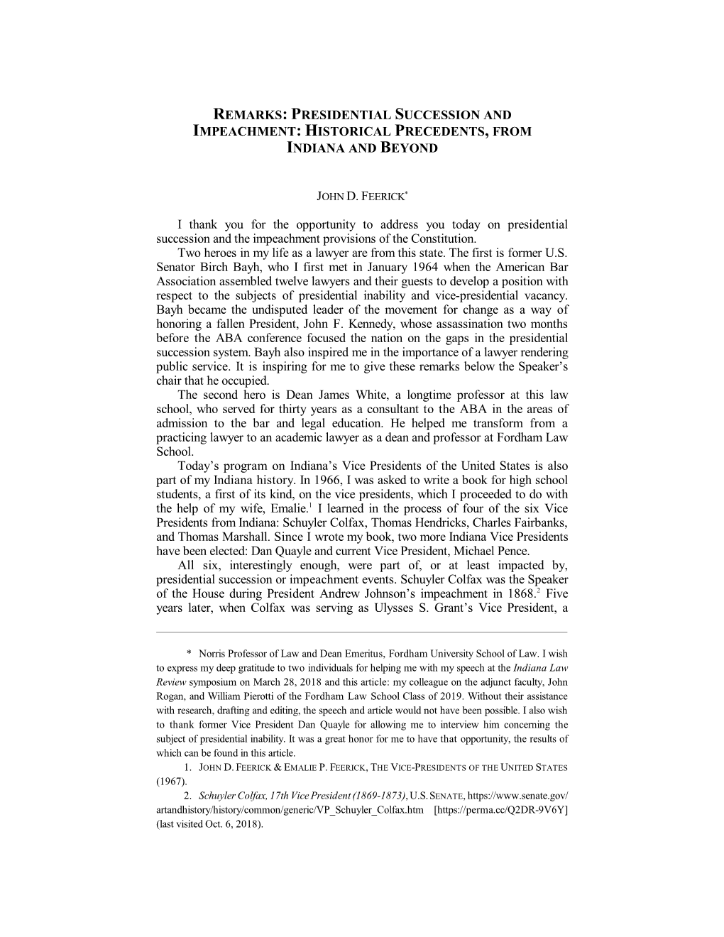 Presidential Succession and Impeachment: Historical Precedents, from Indiana and Beyond