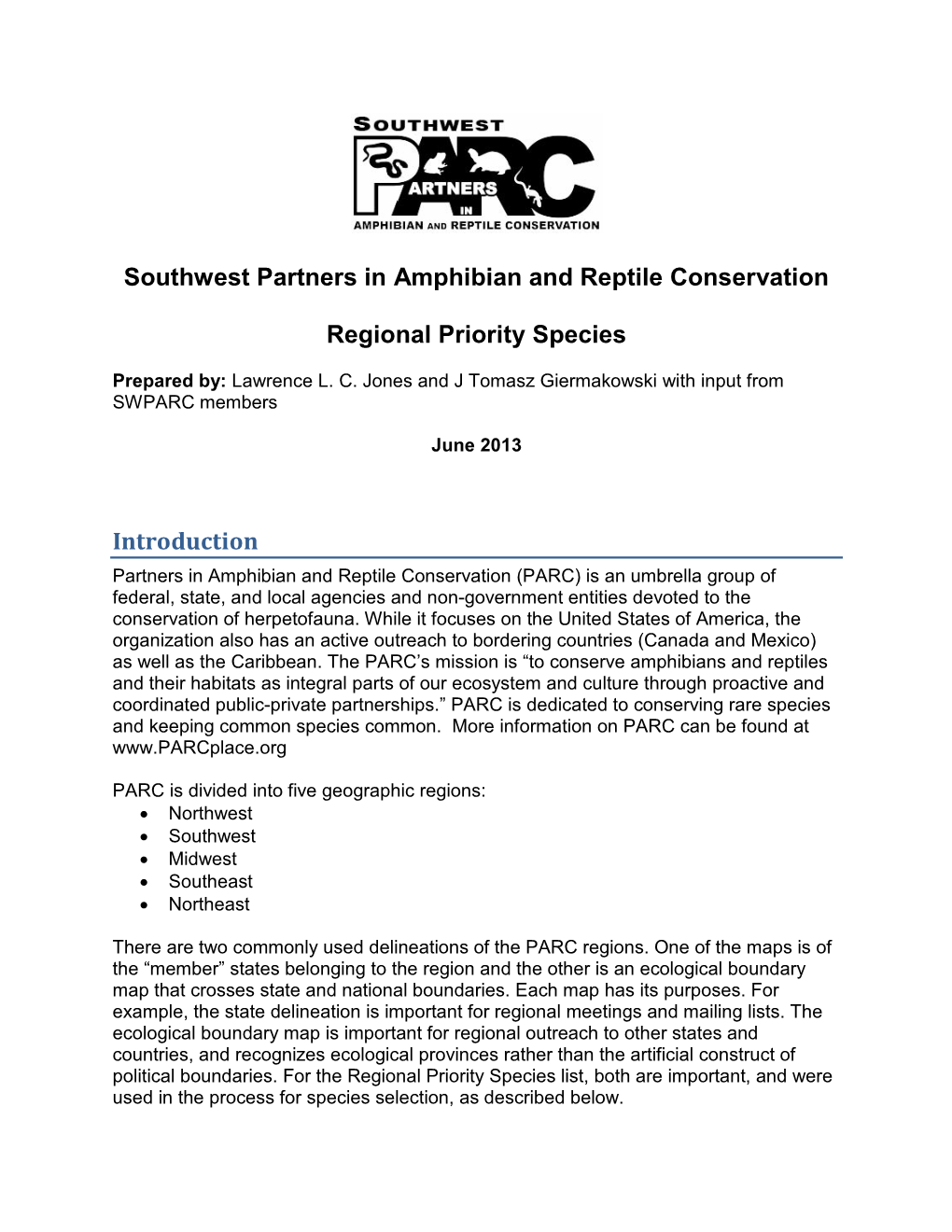 SWPARC Regional Priority Species List – June 2013
