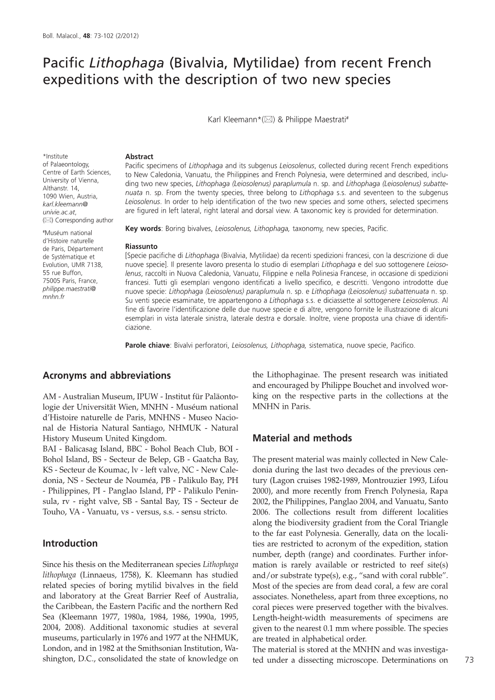 Pacific Lithophaga (Bivalvia, Mytilidae) from Recent French Expeditions with the Description of Two New Species