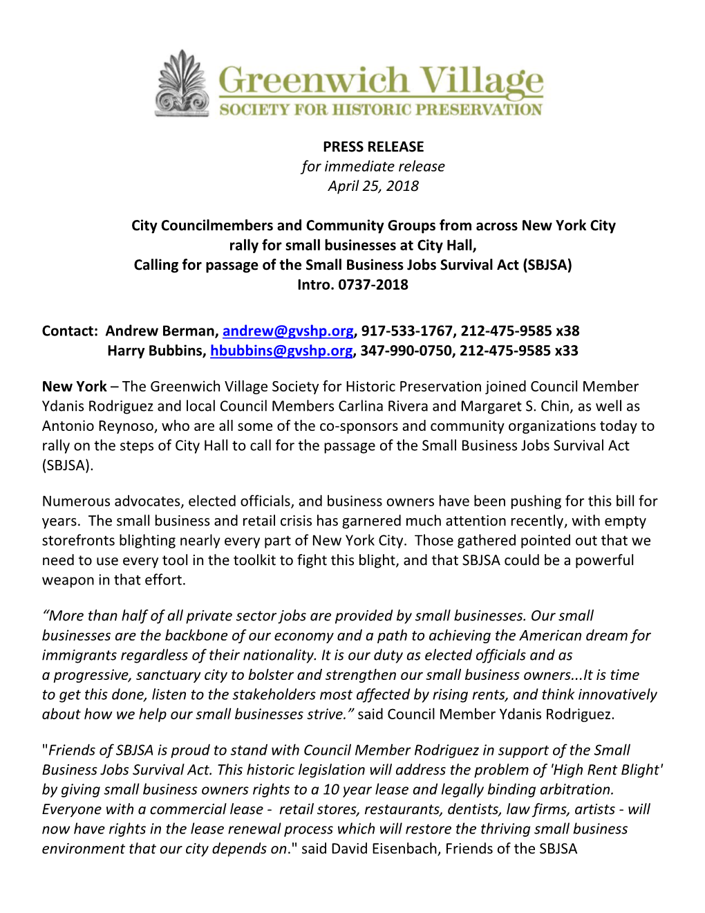 PRESS RELEASE for Immediate Release April 25, 2018 City