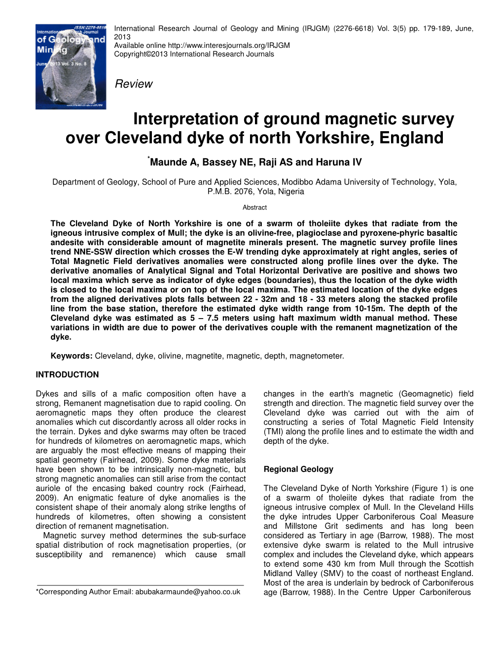 Interpretation of Ground Magnetic Survey Over Cleveland Dyke of North Yorkshire, England