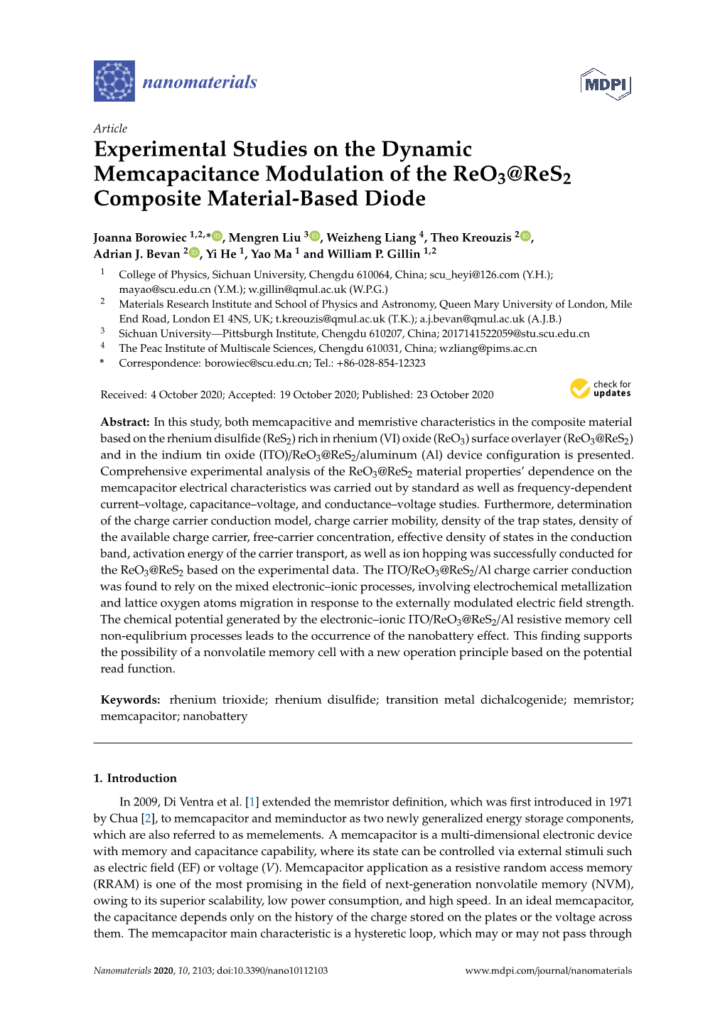 Experimental Studies on the Dynamic Memcapacitance Modulation of the Reo3@Res2 Composite Material-Based Diode