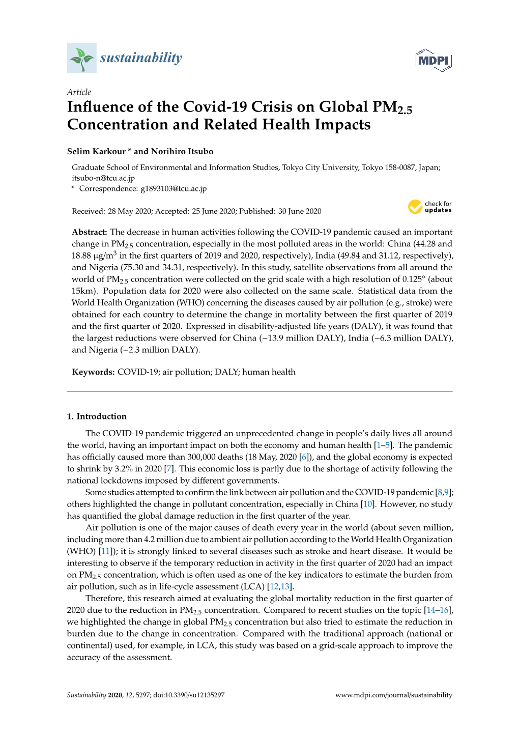 Influence of the Covid-19 Crisis on Global PM2.5 Concentration And
