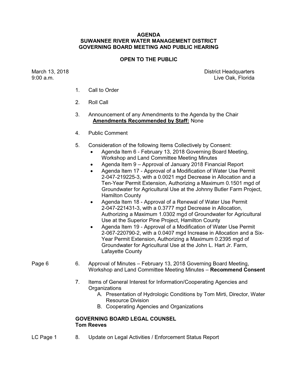Agenda Suwannee River Water Management District Governing Board Meeting and Public Hearing