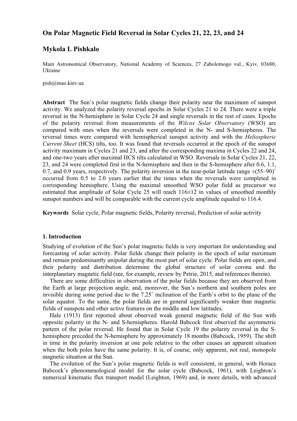 On Polar Magnetic Field Reversal in Solar Cycles 21, 22, 23, and 24