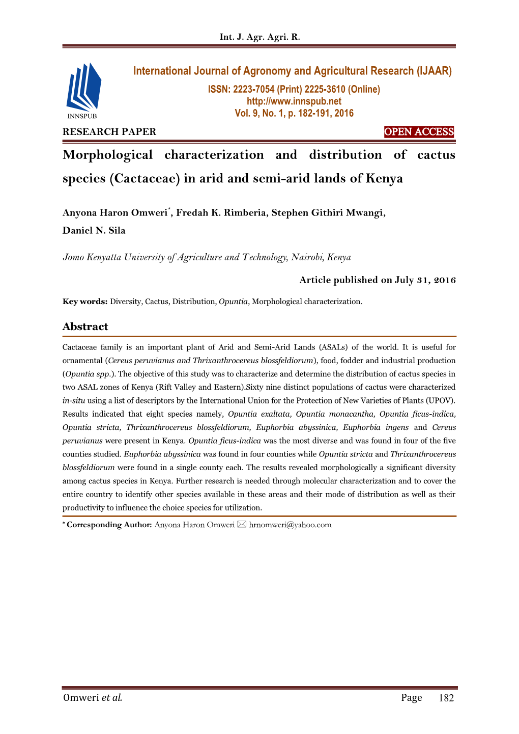 Morphological Characterization and Distribution of Cactus Species (Cactaceae) in Arid and Semi-Arid Lands of Kenya