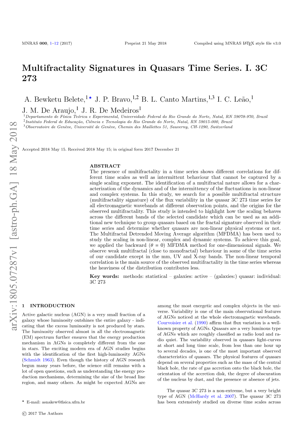 Multifractality Signatures in Quasars Time Series. I. 3C 273