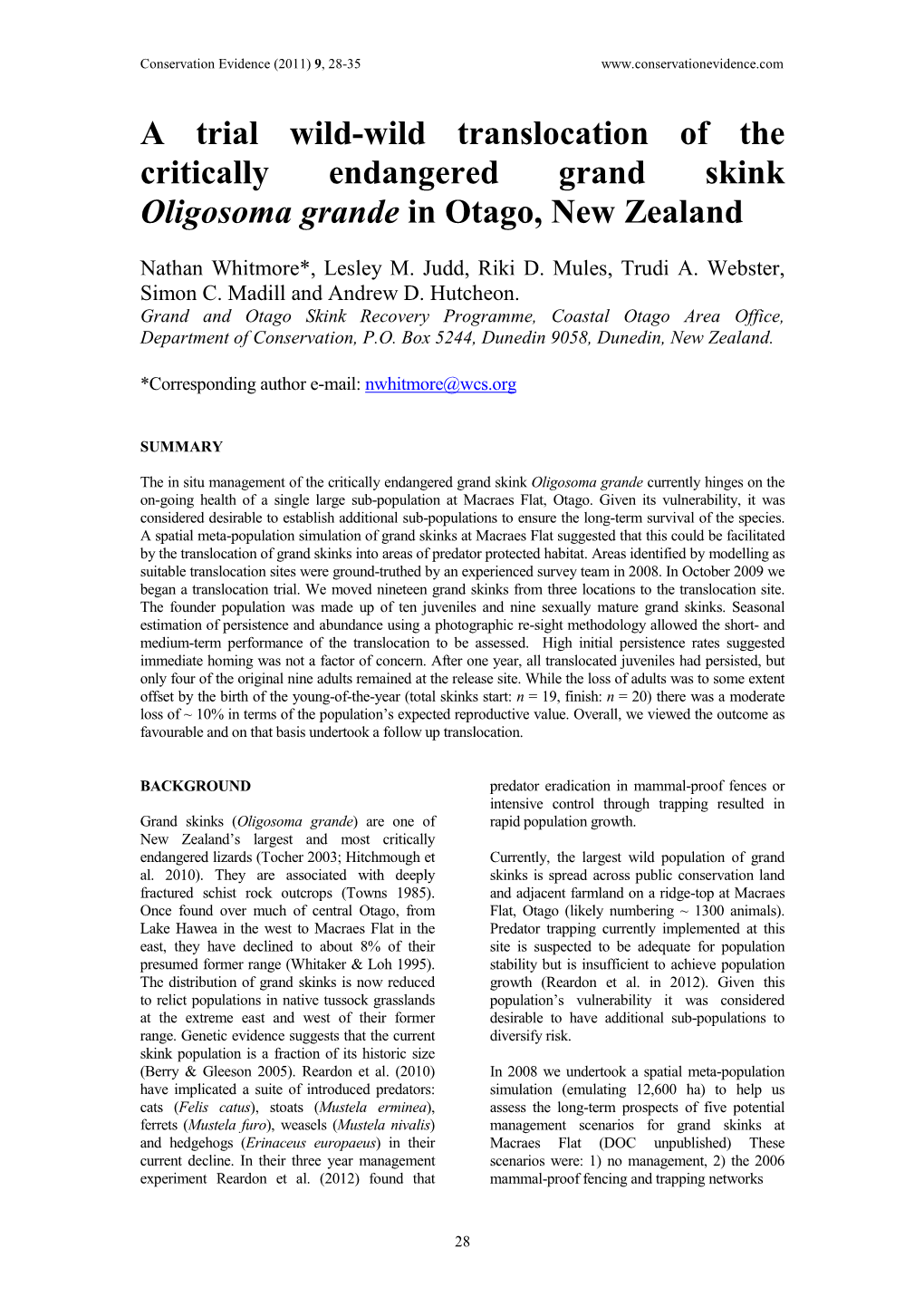 A Trial Wild-Wild Translocation of the Critically Endangered Grand Skink Oligosoma Grande in Otago, New Zealand