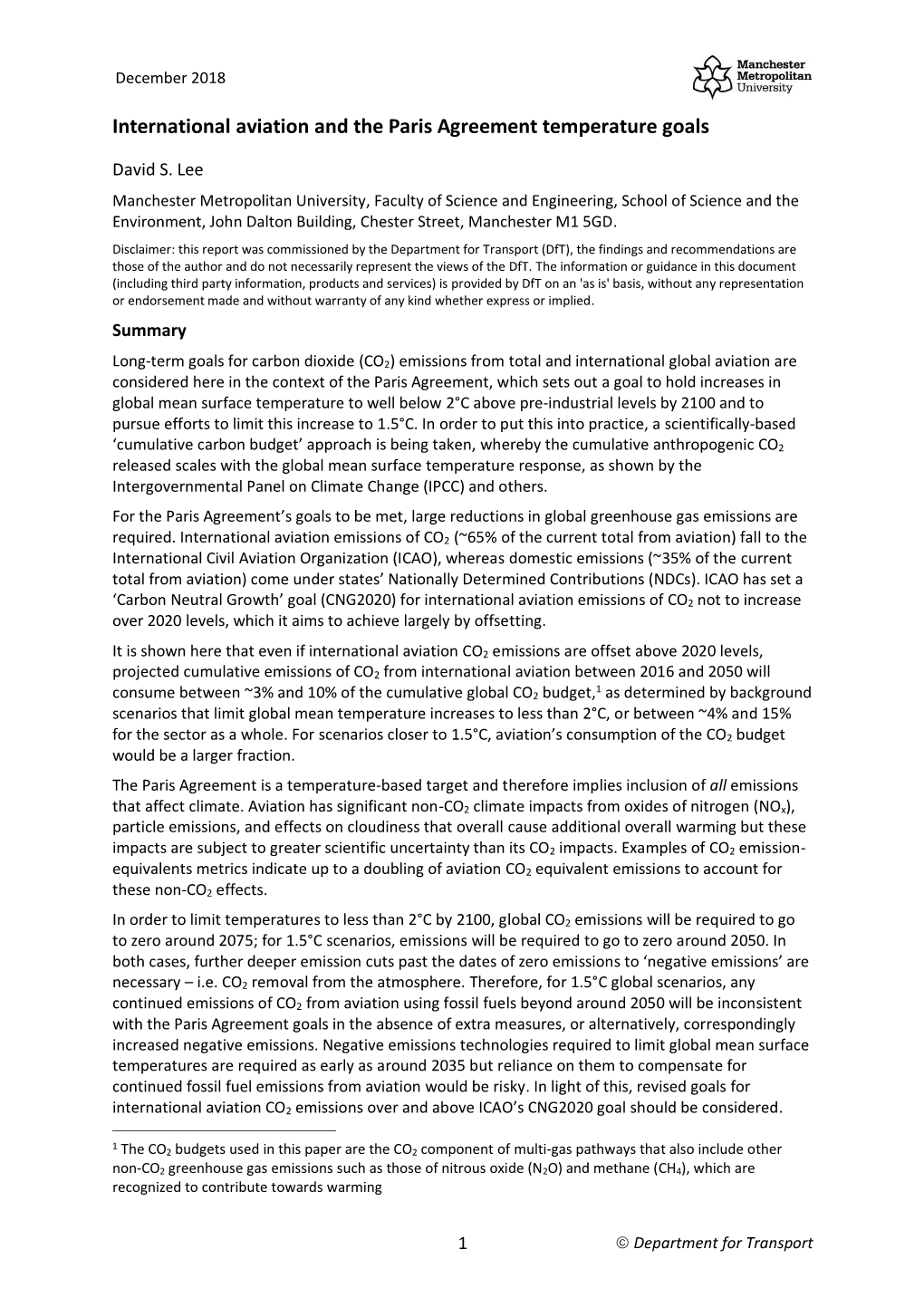 International Aviation and the Paris Agreement Temperature Goals