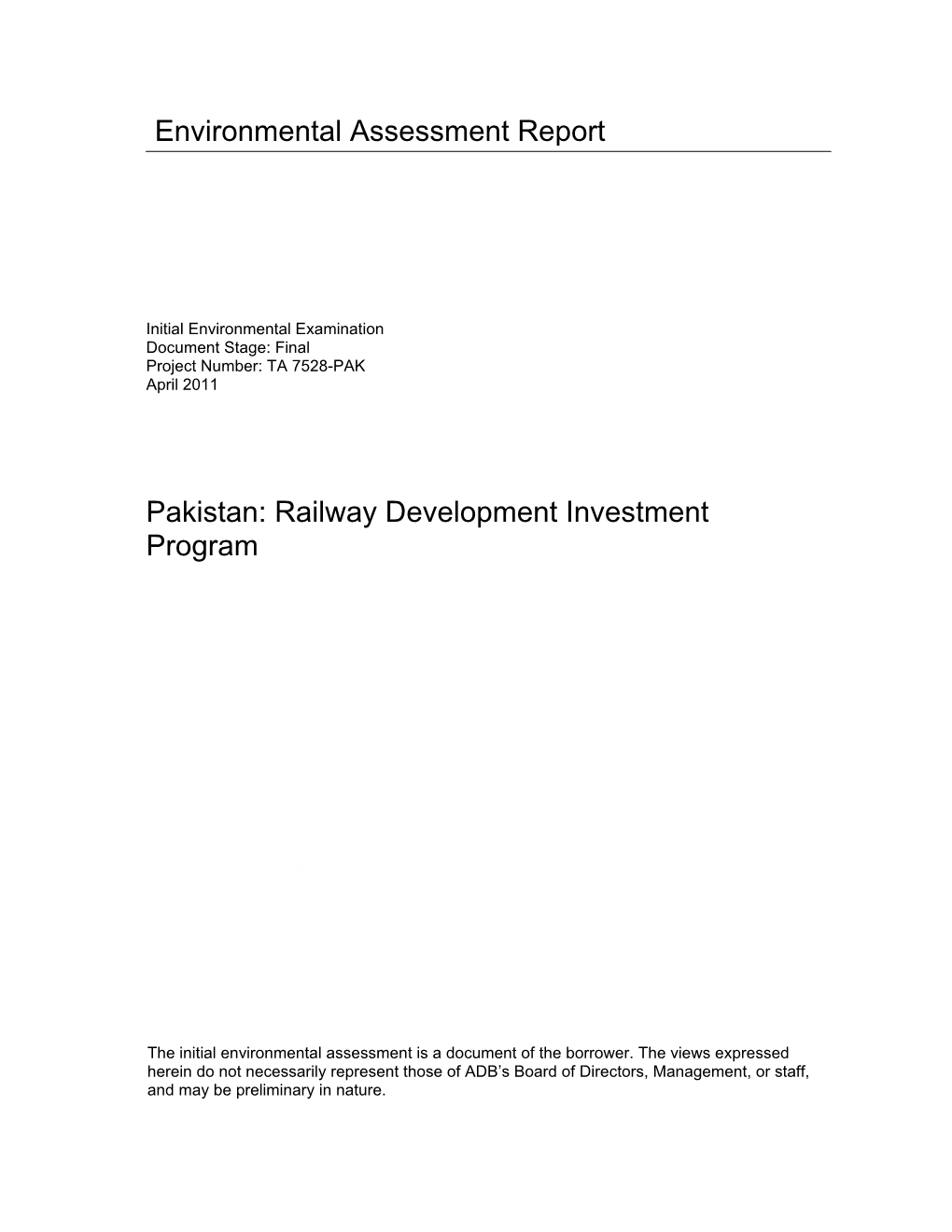 Initial Environmental Examination: Pakistan: Railway Development