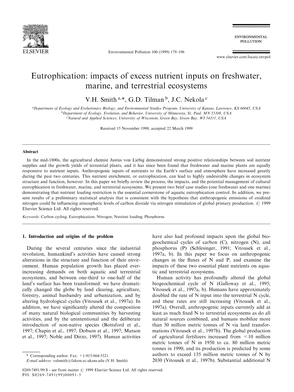 Eutrophication: Impacts of Excess Nutrient Inputs on Freshwater, Marine, and Terrestrial Ecosystems