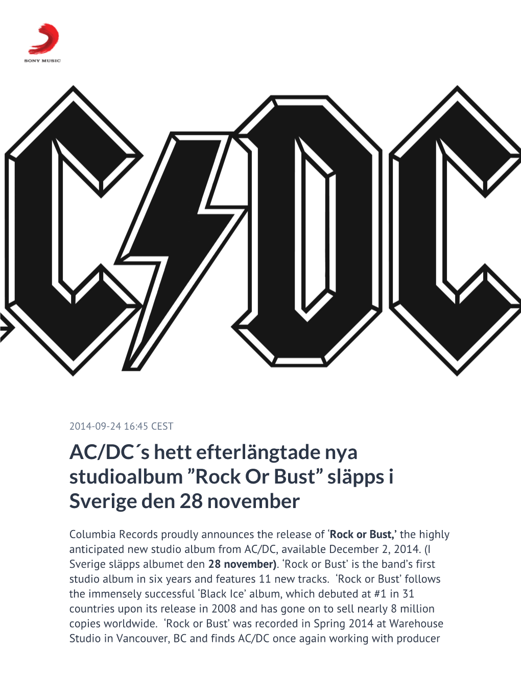 AC/DC´S Hett Efterlängtade Nya Studioalbum ”Rock Or Bust” Släpps I Sverige Den 28 November