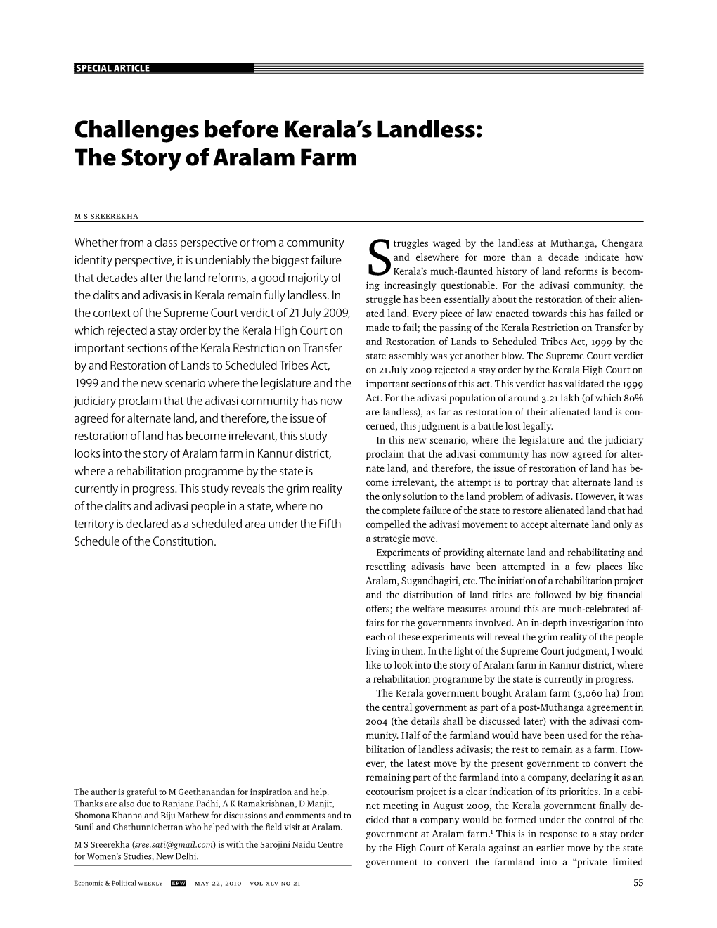 Challenges Before Kerala's Landless: the Story of Aralam Farm