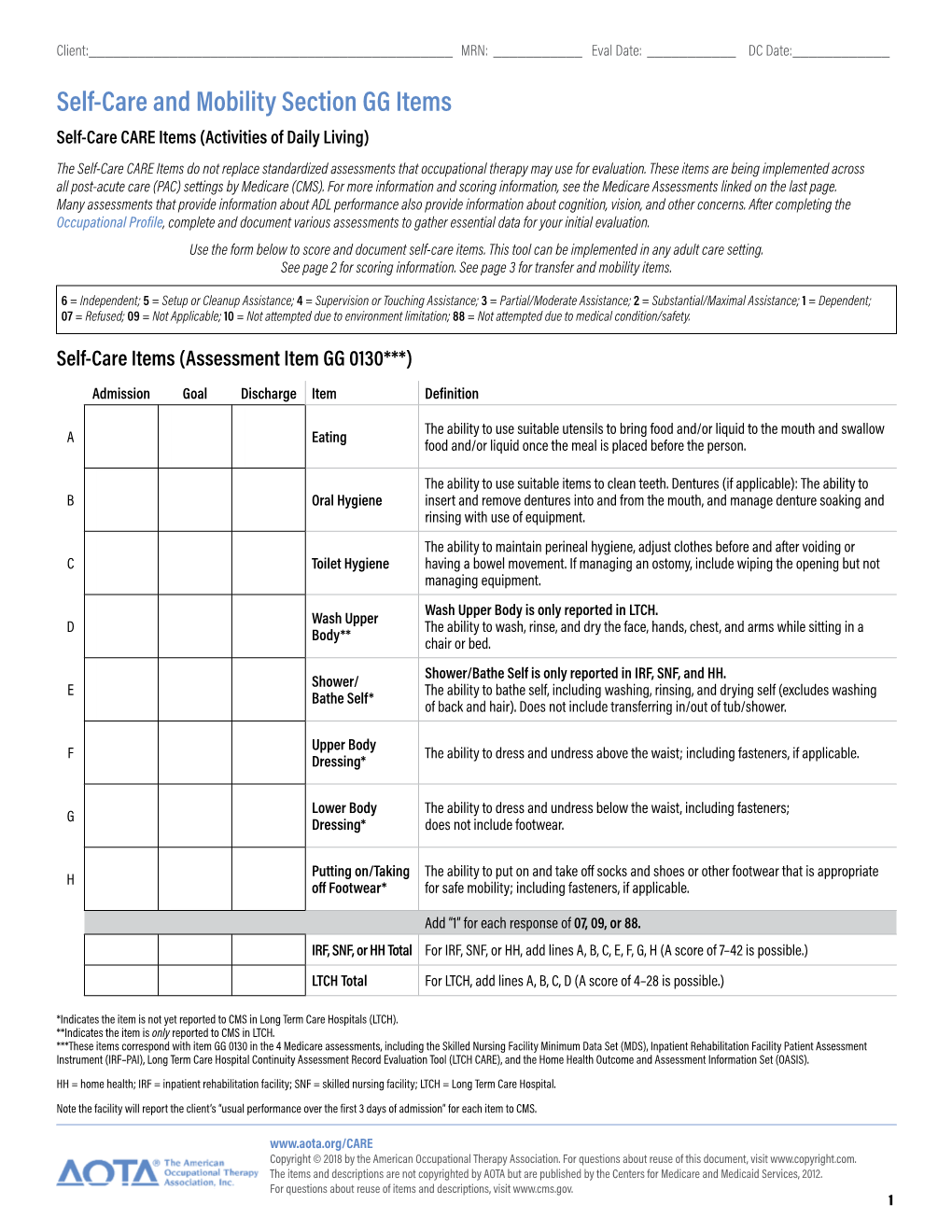 Self-Care and Mobility Section GG Items