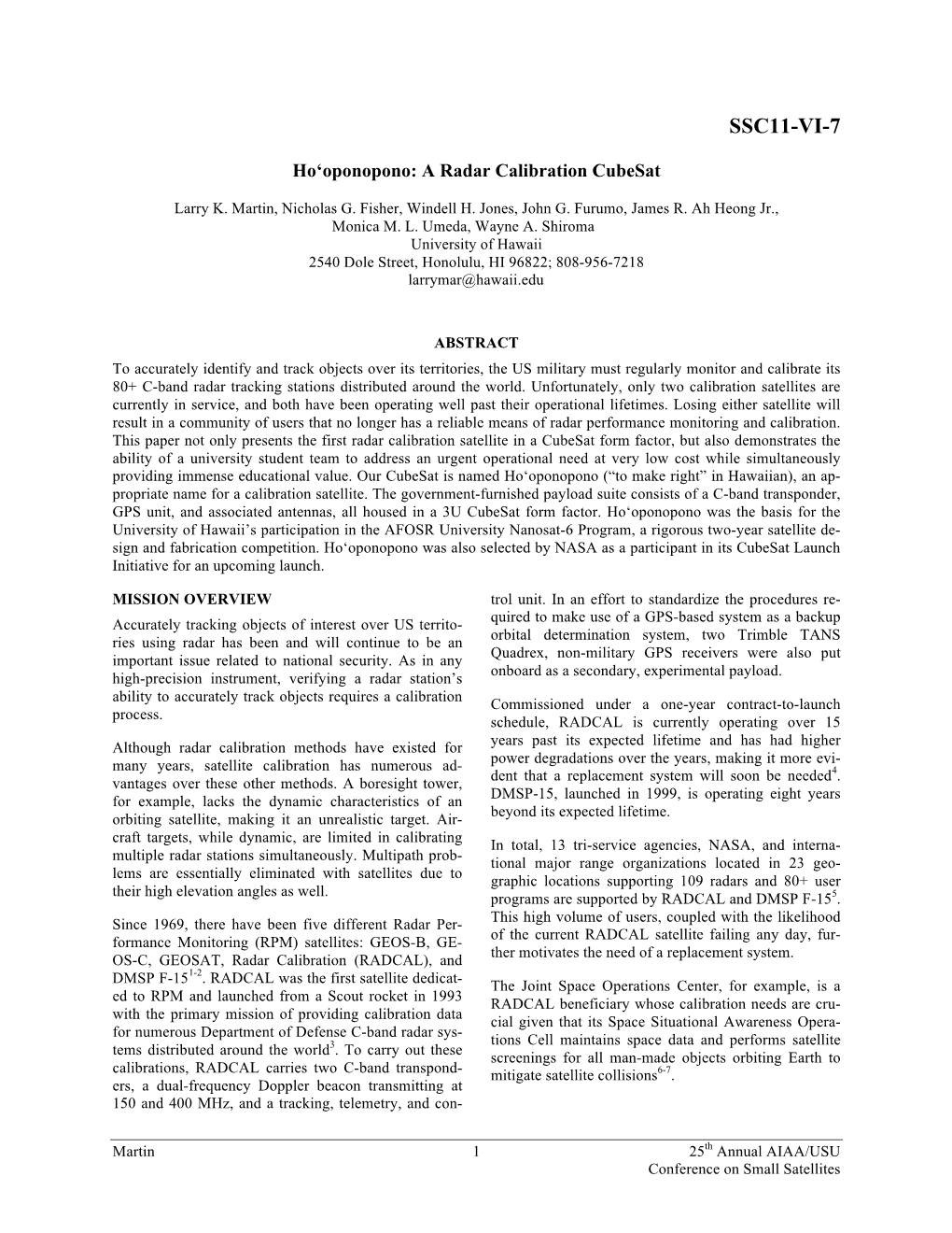 Ho'oponopono: a Radar Calibration Cubesat