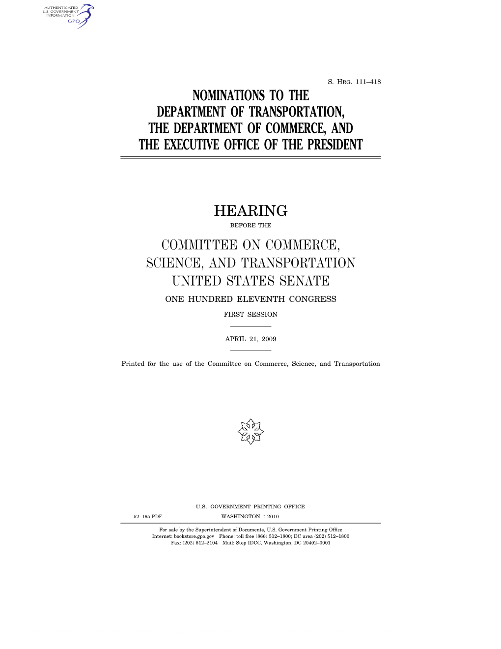 Nominations to the Department of Transportation, the Department of Commerce, and the Executive Office of the President