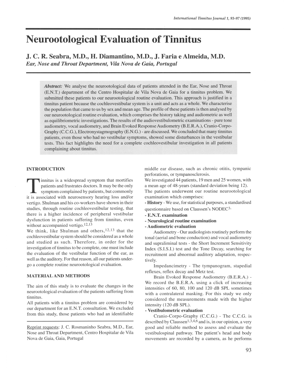 Neurootological Evaluation of Tinnitus