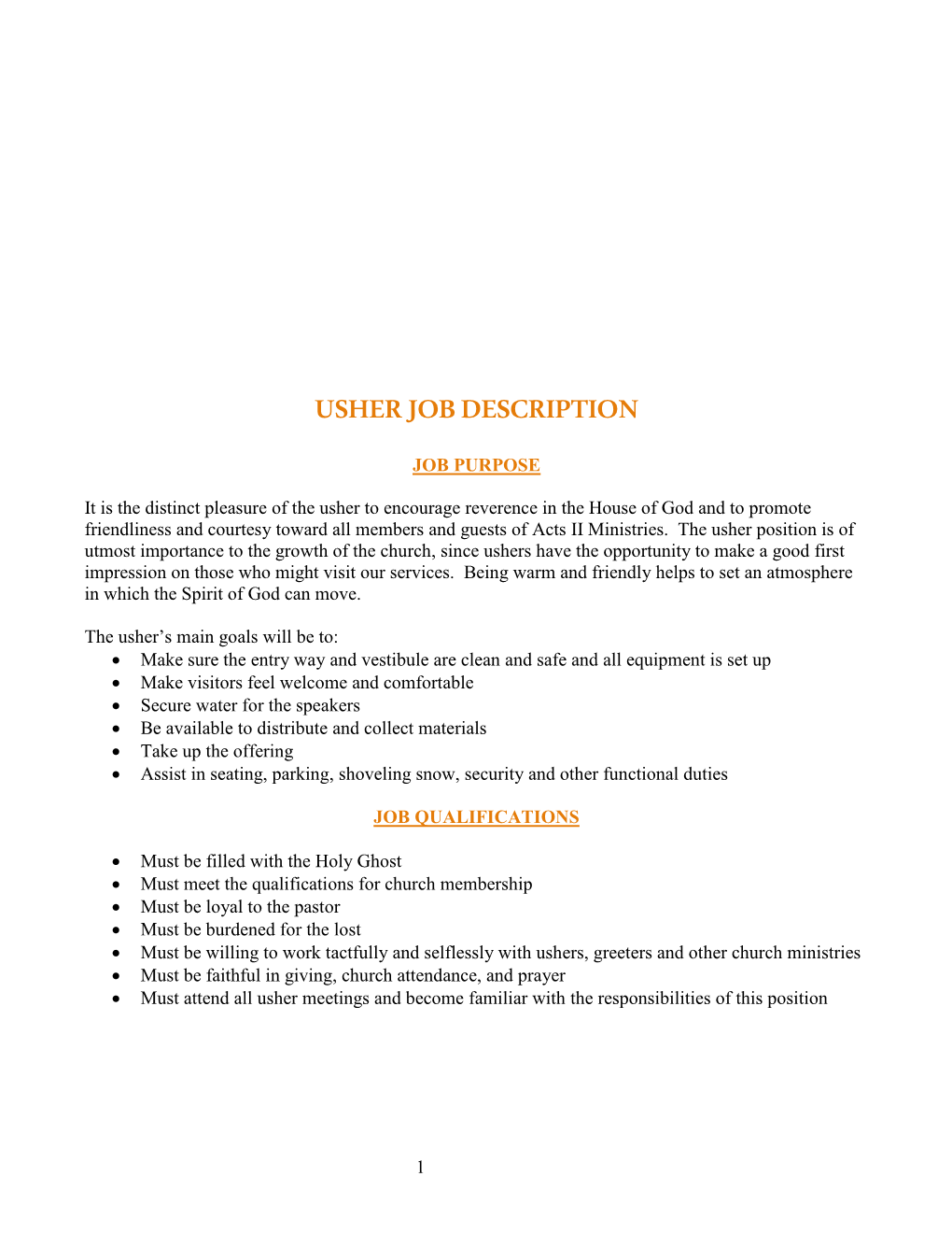 Usher Job Description