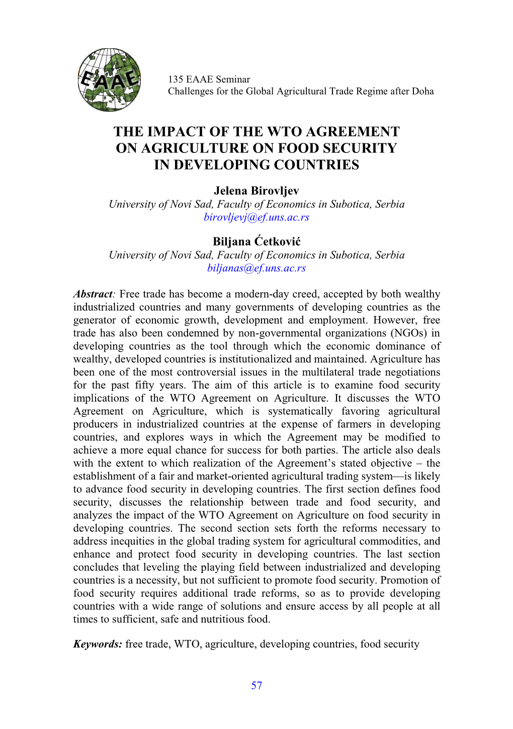 The Impact of the Wto Agreement on Agriculture on Food Security in Developing Countries