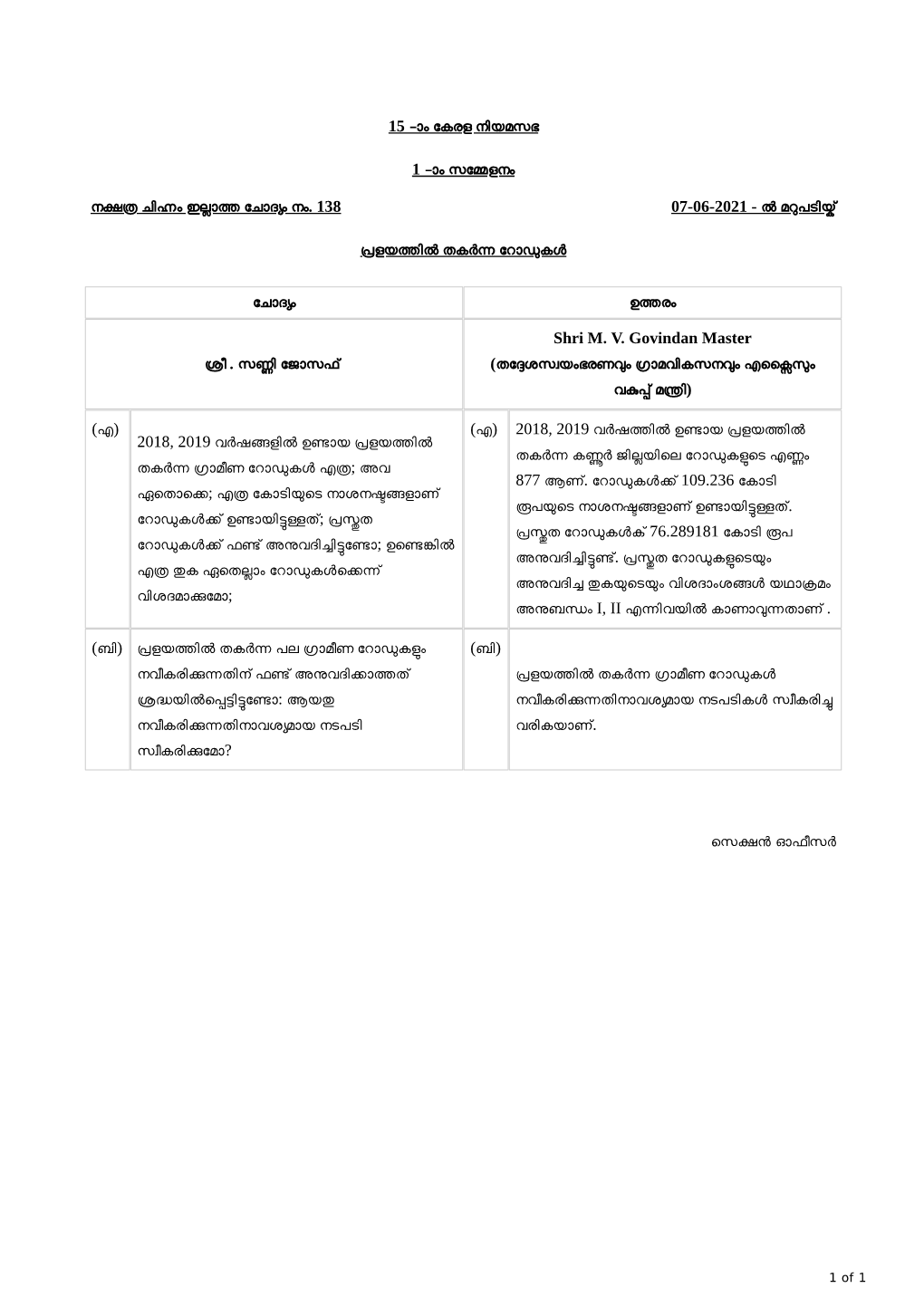15 -ാം േകരള നിയമസഭ 1 -ാം സേ ളനം ന ചി ം ഇ ാ േചാദ ം നം . 138 07-06
