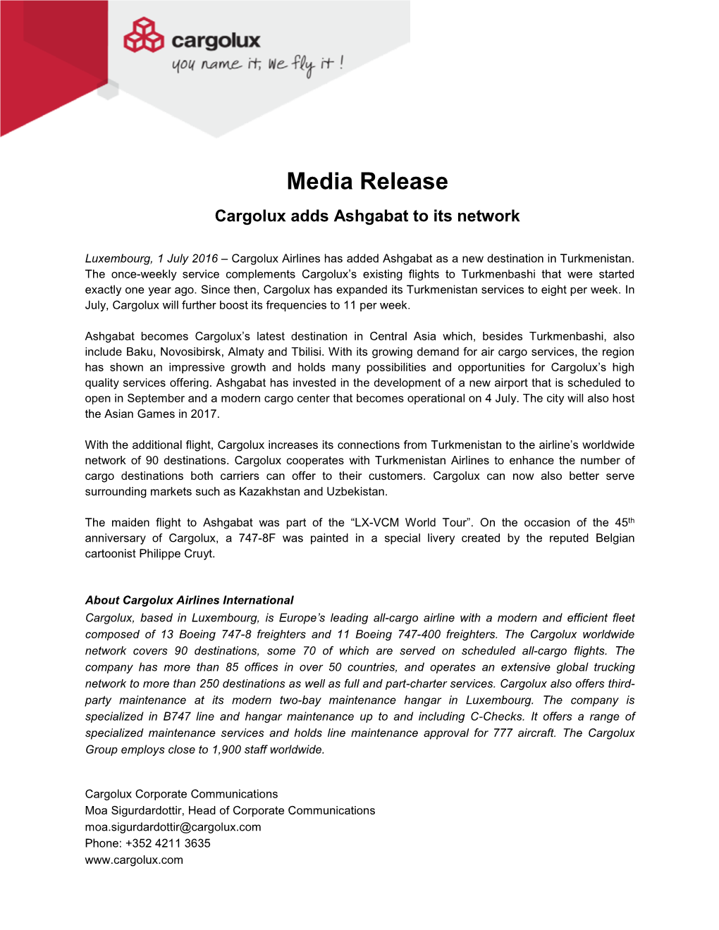 Media Release Cargolux Adds Ashgabat to Its Network