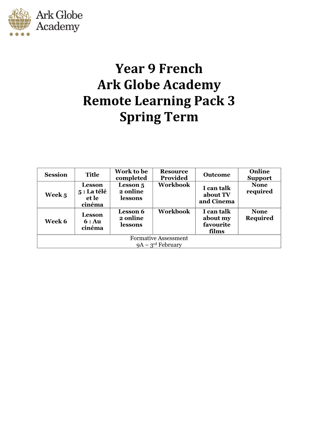 Year 9 French Ark Globe Academy Remote Learning Pack 3 Spring Term