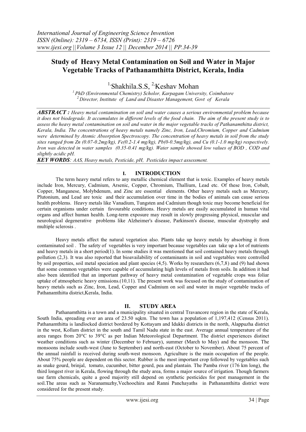 Study of Heavy Metal Contamination on Soil and Water in Major Vegetable Tracks of Pathanamthitta District, Kerala, India