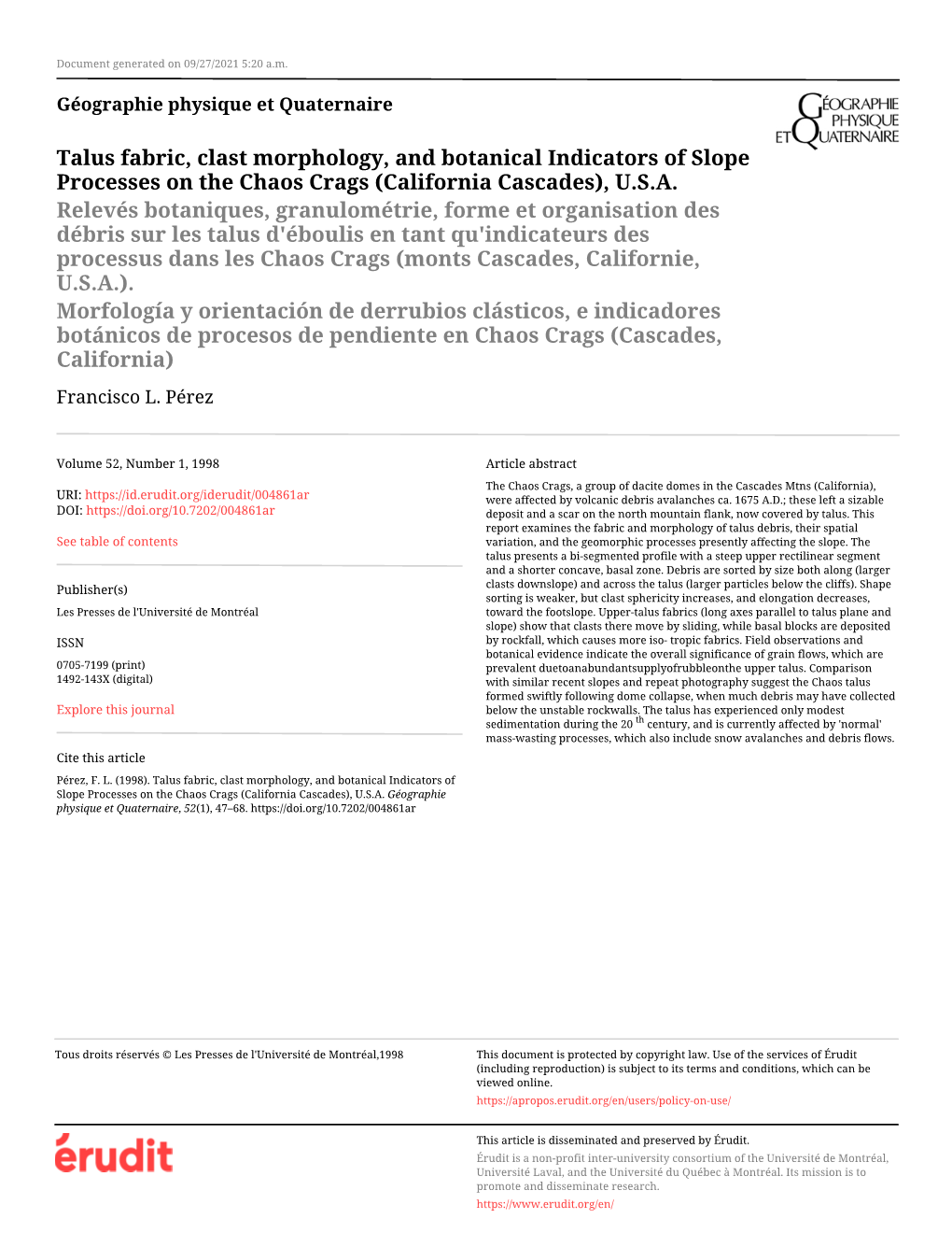 Talus Fabric, Clast Morphology, and Botanical Indicators of Slope Processes on the Chaos Crags (California Cascades), U.S.A