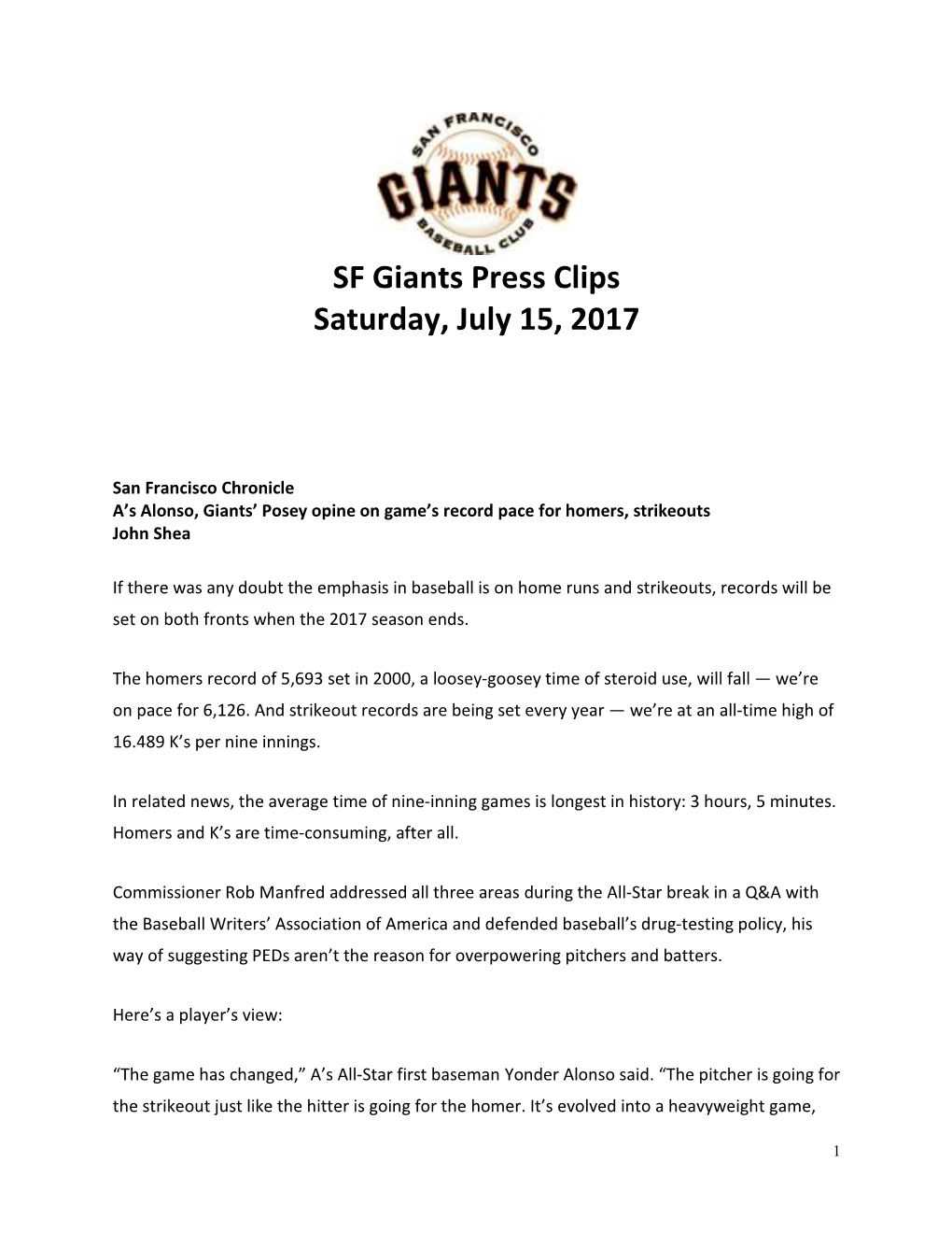 SF Giants Press Clips Saturday, July 15, 2017