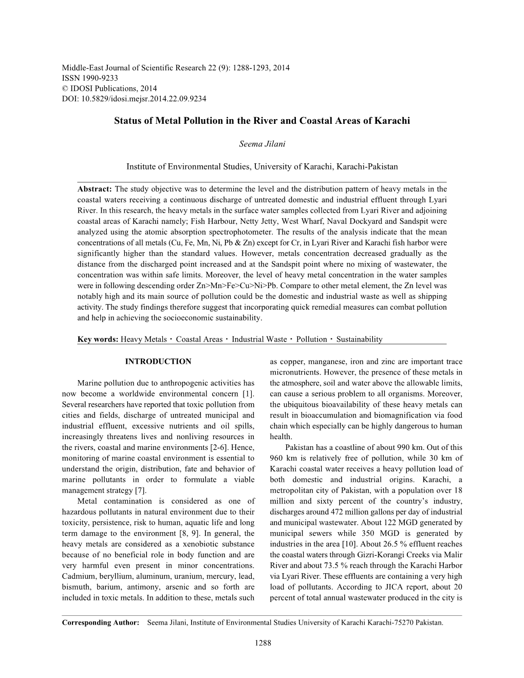 Status of Metal Pollution in the River and Coastal Areas of Karachi