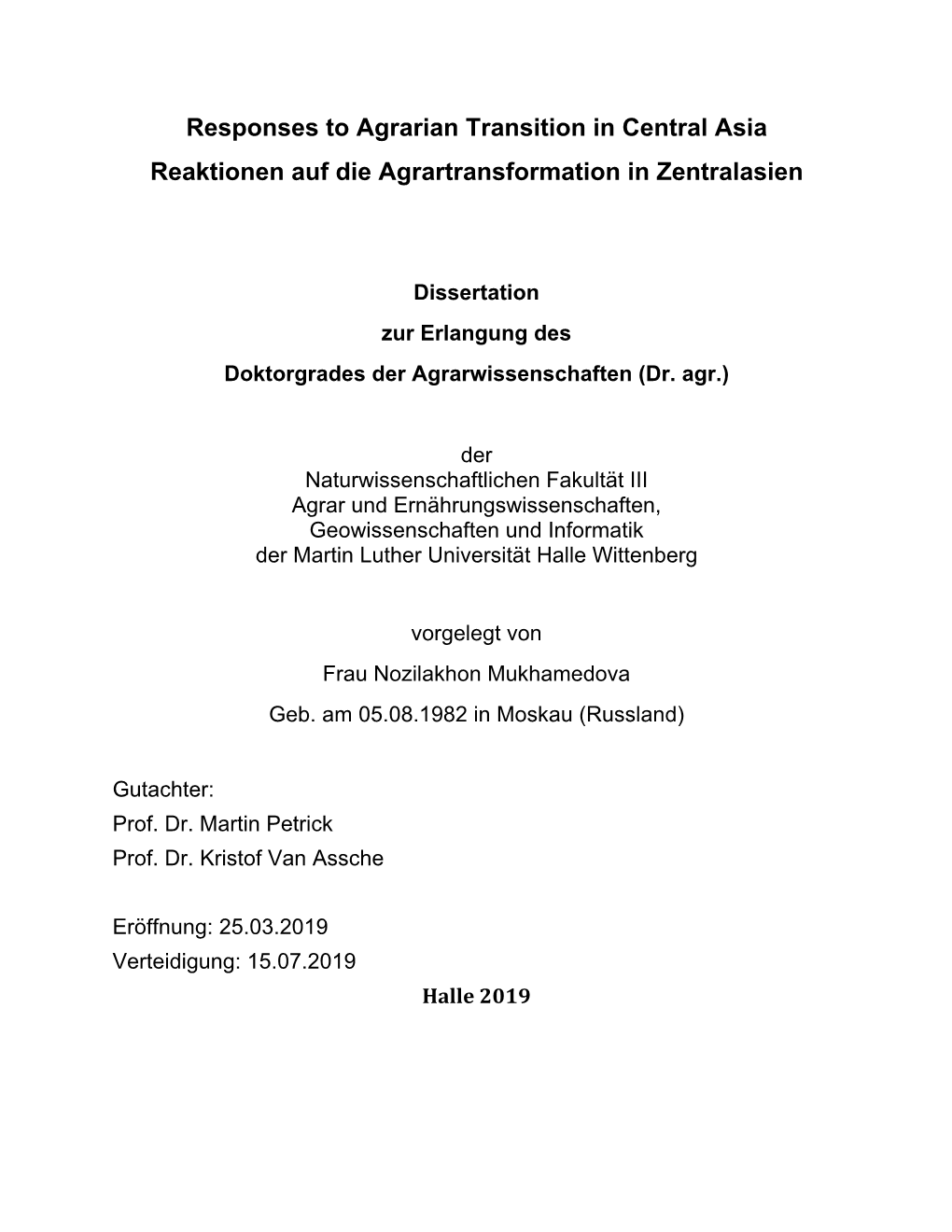 Responses to Agrarian Transition in Central Asia Reaktionen Auf Die Agrartransformation in Zentralasien