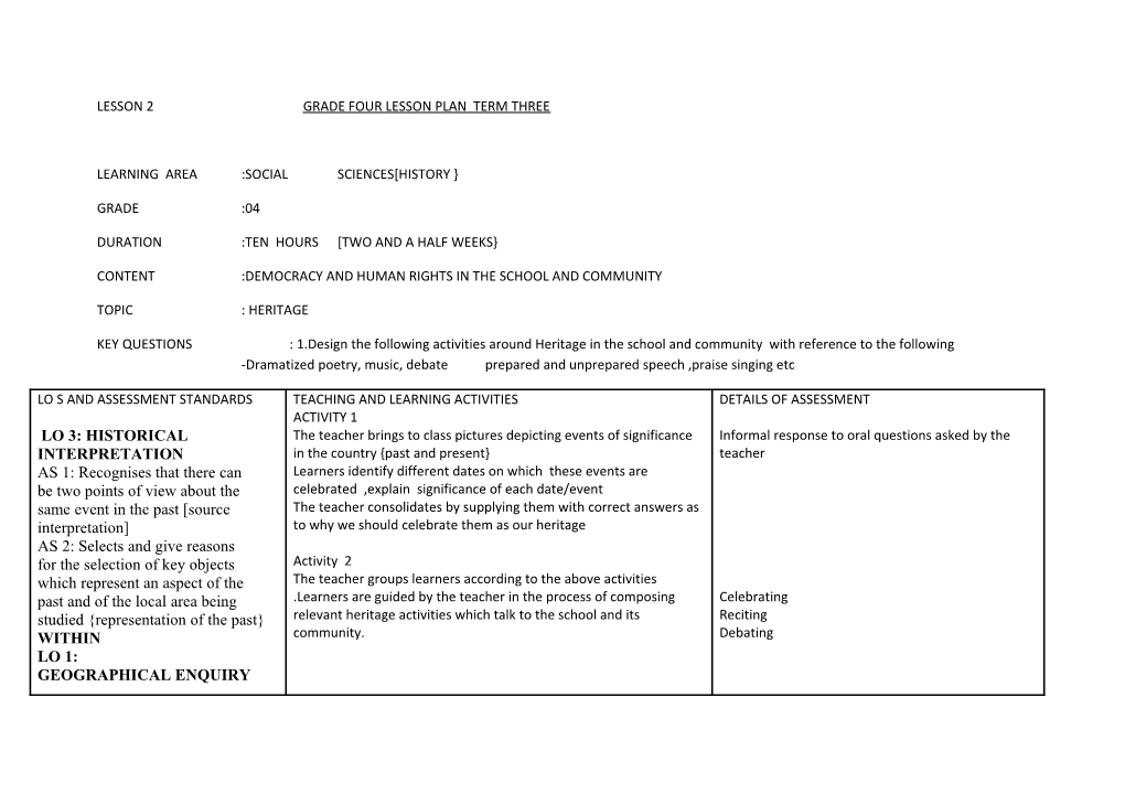 Lesson 2 Grade Four Lesson Plan Term Three