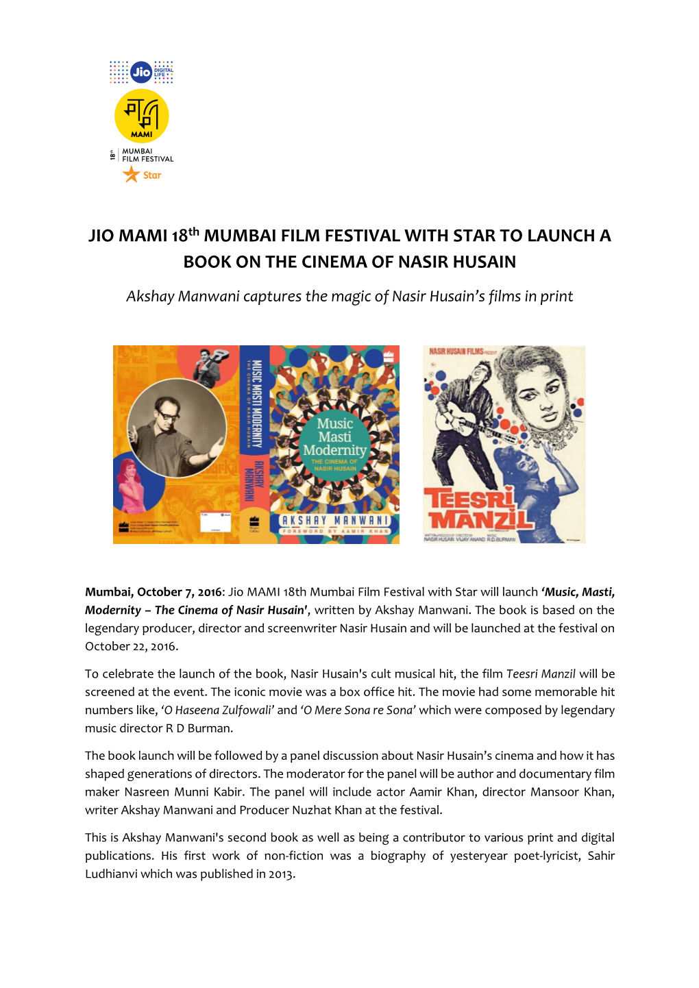 JIO MAMI 18Th MUMBAI FILM FESTIVAL with STAR to LAUNCH a BOOK on the CINEMA of NASIR HUSAIN