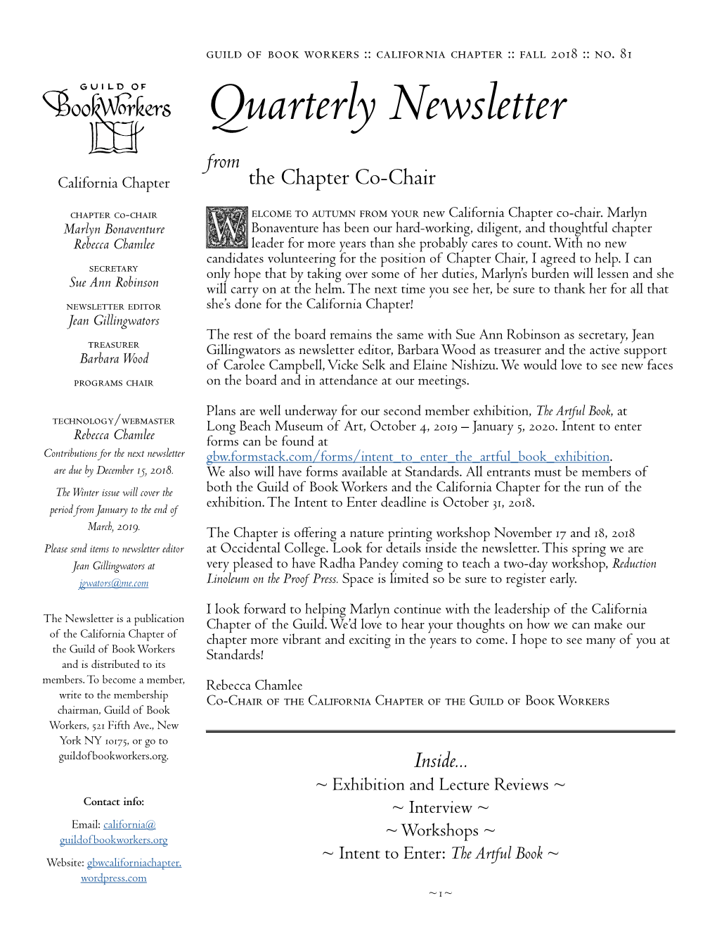 Quarterly Newsletter California Chapter from the Chapter Co-Chair